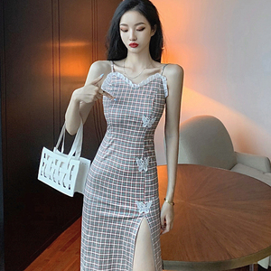 Plaid SEXY LACE SLING slit show thin dress