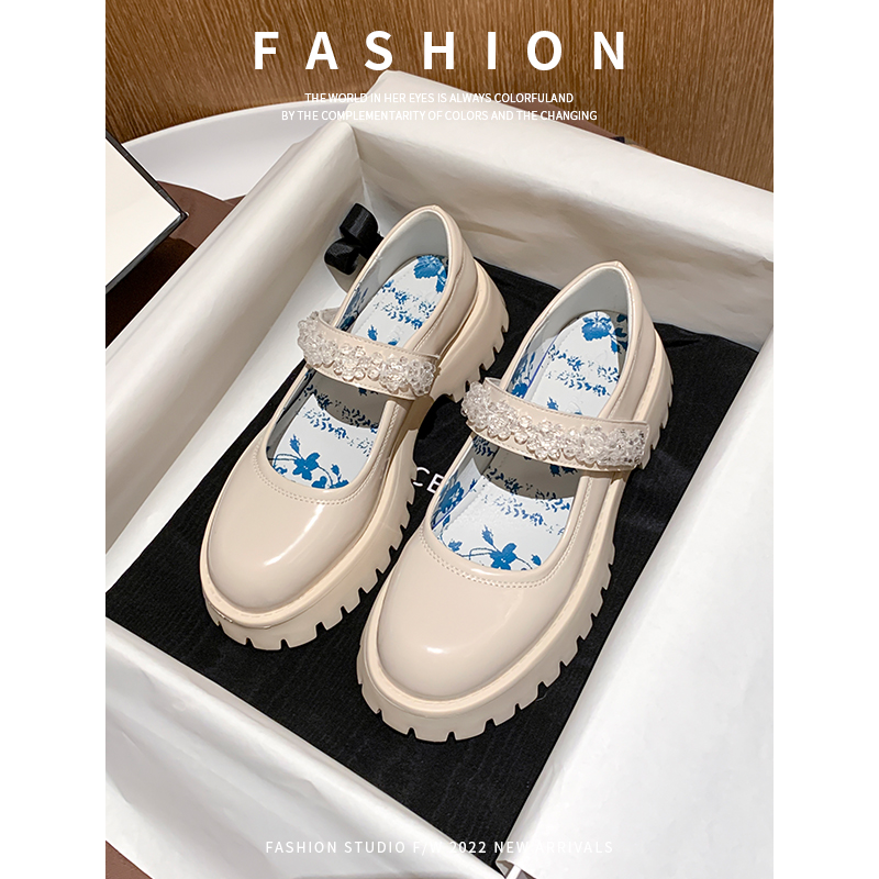 Leather 2022 spring and autumn new round toe small leather shoes thick bottom crystal Mary Jane jk shoes female ins tide single shoes