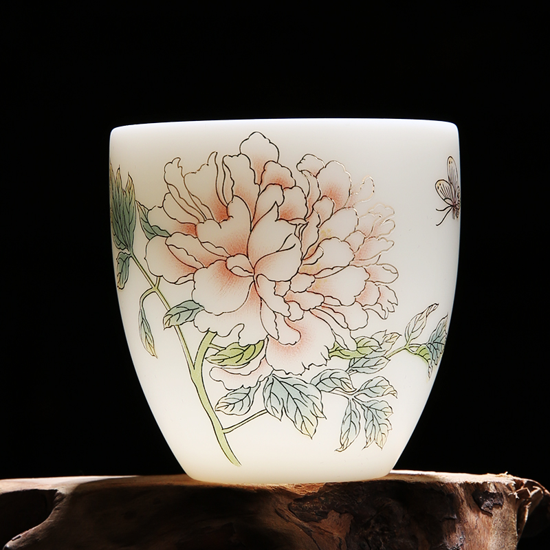 Quality dehua porcelain remit suet jade Quality paint the riches and honor peony cup, master cup of aloes cup tea keller of tea