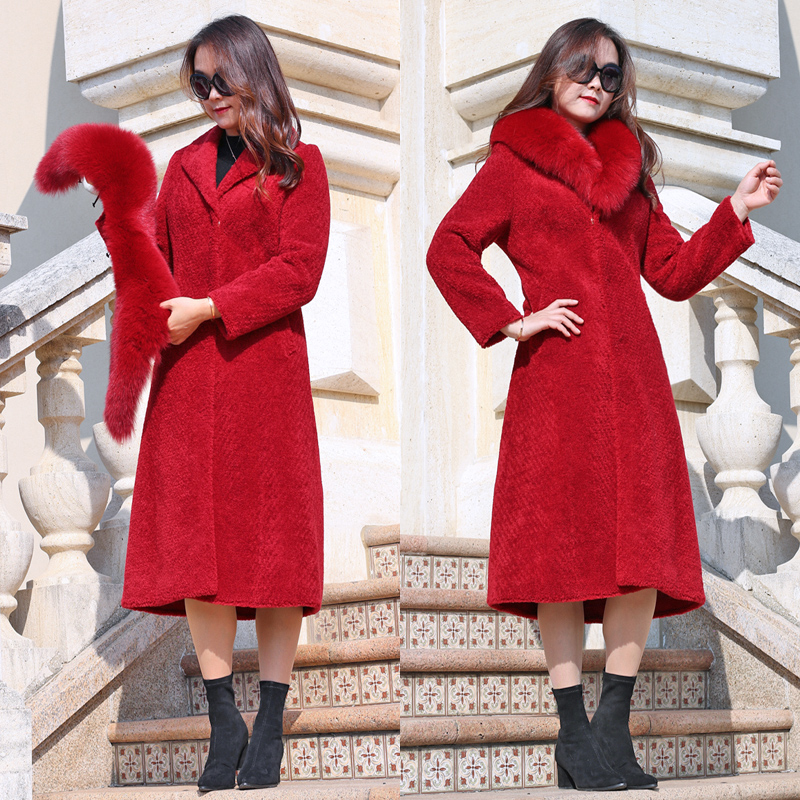 Special clearance Haining sheep sheared coat female winter fox fur collar alpaca wool fur coat medium and long version