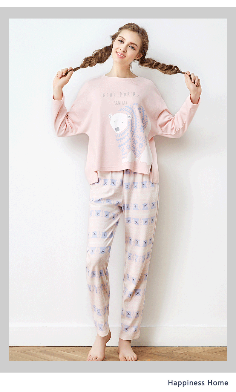 三耳兔情侣睡衣女春秋季长袖纯棉套装卡通可爱休闲可外穿家居服_5折