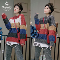 Europe station 2020 autumn and Winter port style Korean version Casual loose retro crew neck color striped flower line sweater sweater