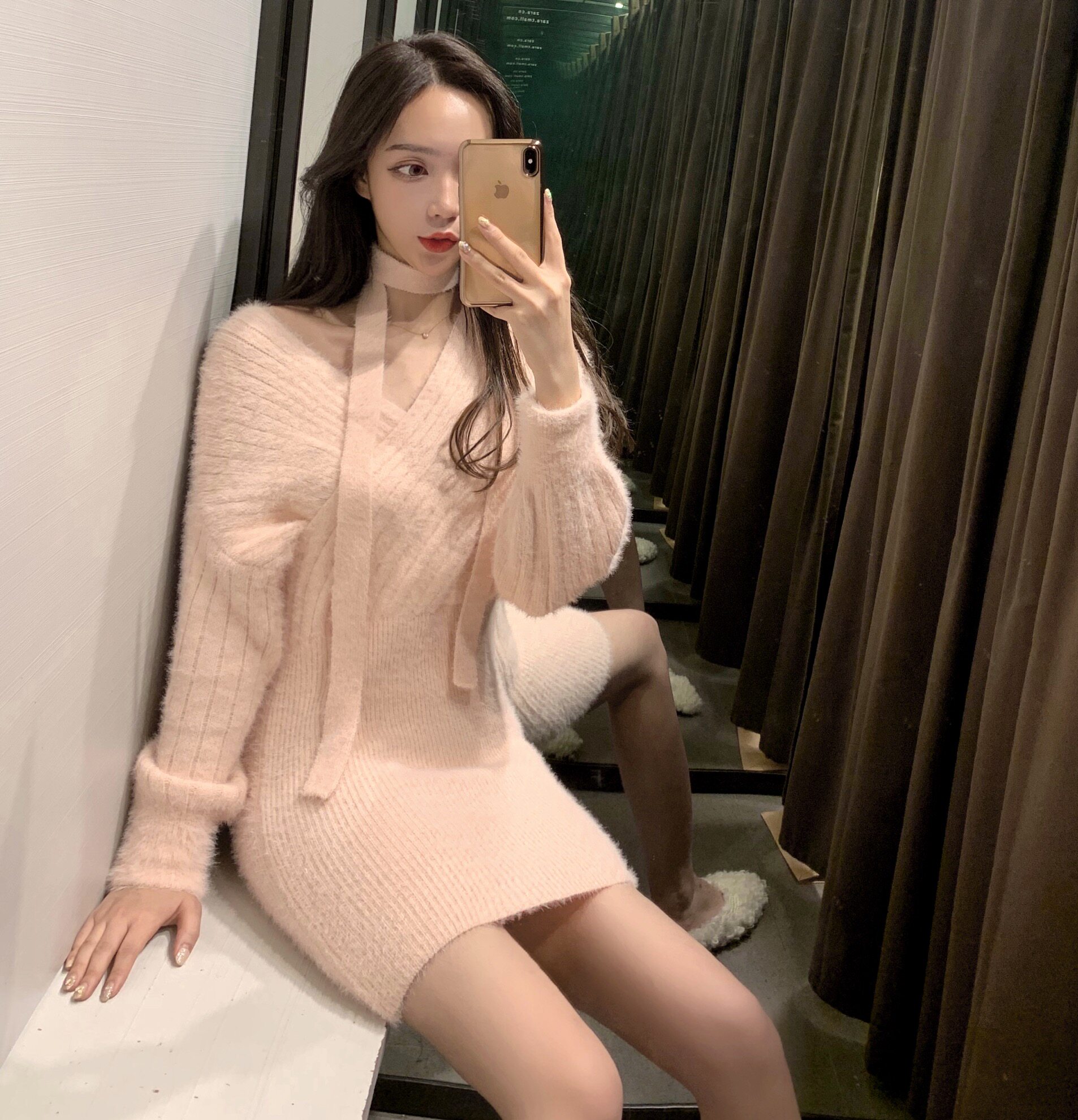 实拍款 v领水貂毛长袖毛衣连衣裙307