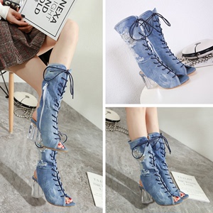 2020 new crystal thick heel denim medium boot high heel fish mouth strap women’s cool boots 65-12 (34-40 yards)