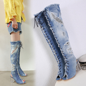 2020 model year crystal thick heel denim high heel fish mouth strap on boots