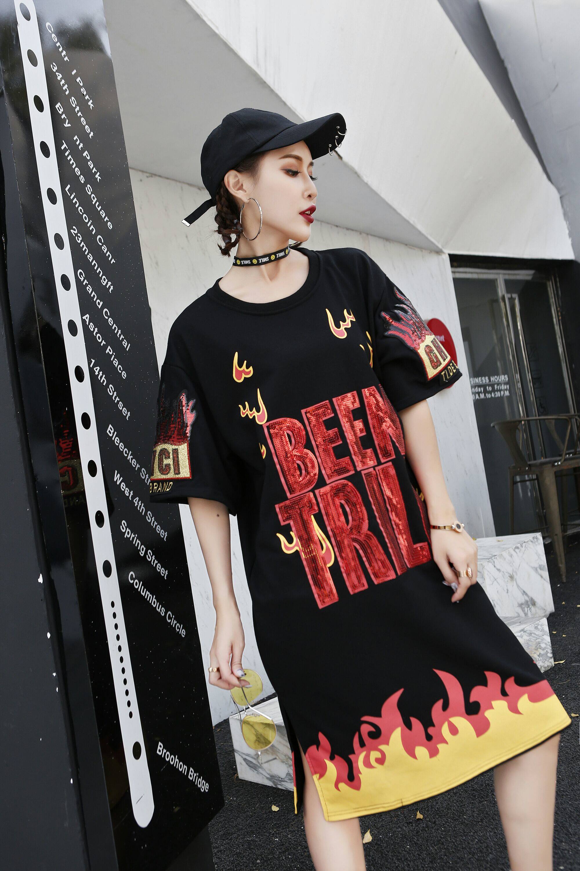 欧洲站2018夏季新款泰国潮牌火焰亮片中长款开叉宽松短袖t恤 女