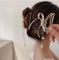 Bow-knot Pearl tassel hairclip female Korean new metal catch net red temperament back of the head shark clip hair catch