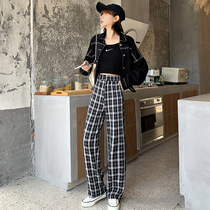 2021 summer new womens lattice pants high waist straight loose wide leg pants casual pants slim grid pants women