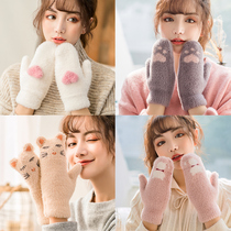 Finger gloves female winter cute love Korean version of the student cartoon warm velvet thickened cotton cold hair line winter