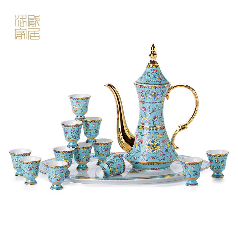 Jingdezhen colored enamel household of Chinese style of high - grade ceramic wine bottle wine suits for liquor liquor cup small a small handleless wine cup, gifts