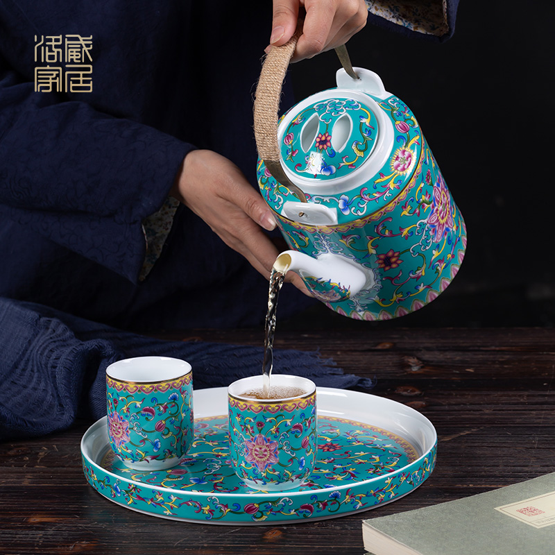 Cool colored enamel kettle sets jingdezhen ceramic household of Chinese style old archaize large - capacity cold pot teapot