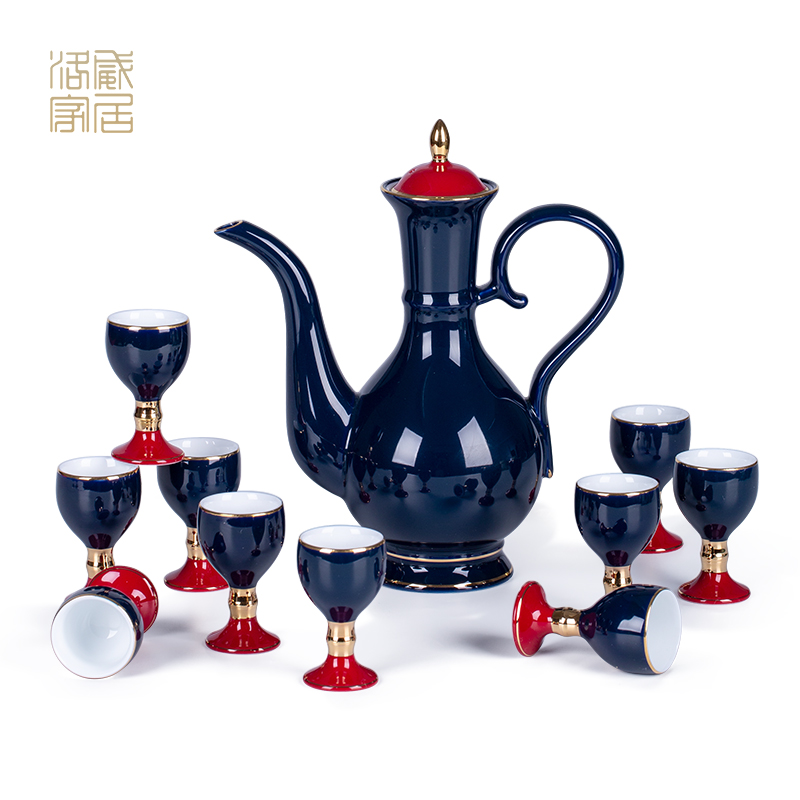 Ji blue wine suits for domestic household jingdezhen ceramic Chinese liquor cup archaize flagon gift box with a small handleless wine cup