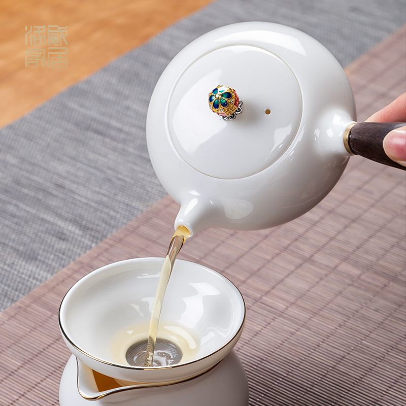 Jingdezhen ceramic kung fu tea set suet jade white porcelain pot of) tea tray side turn to tureen sample tea cup