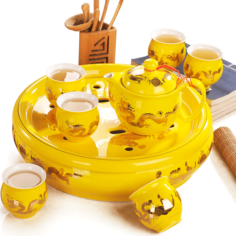 Jingdezhen ceramic tea set home round yellow longfeng kung fu tea tea tea tray was a complete set of the teapot