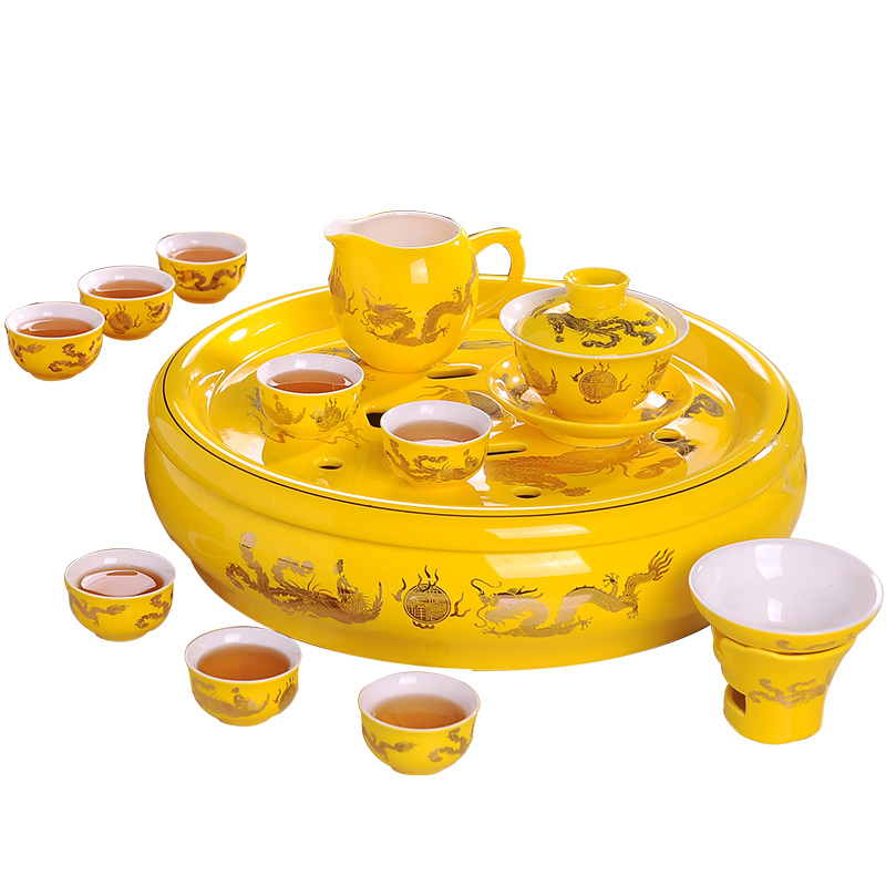 Jingdezhen kung fu tea set suit household longfeng ceramic cup teapot tea tray of a complete set of tea set red and yellow