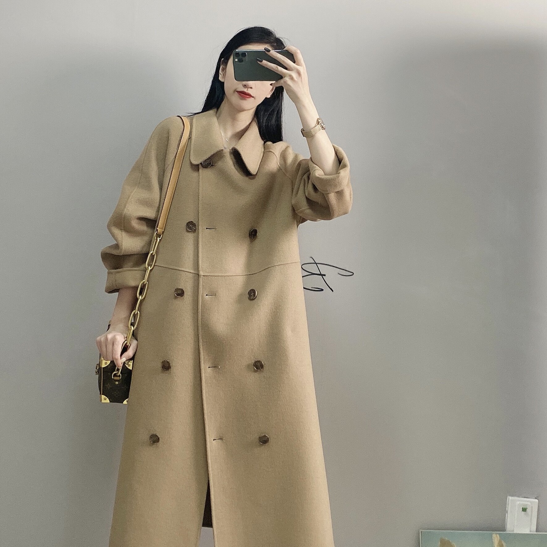 yangle驼色双面羊绒大衣女冬2020新款高端羊毛赫本风方领呢子外套