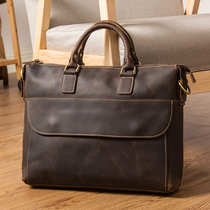 Mens leather Hand bag Crazy Horse leather shoulder Cross bag horizontal head leather business Portable document computer bag