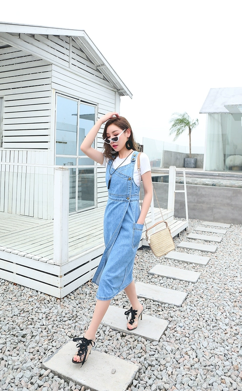 Mùa thu retro váy đơn ngực nữ giản dị túi đôi eo cao giảm béo phong cách đại học xẻ tà váy denim - Váy eo cao