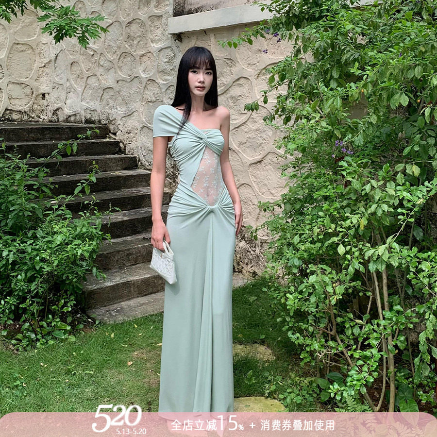 VENUIE 豆绿色礼服裙沙滩海边度假出片绝美三亚法式长裙洋装女