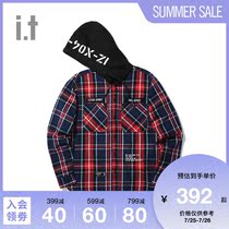 it izzue mens shirt autumn trend plaid military style letter hooded 8103F9D