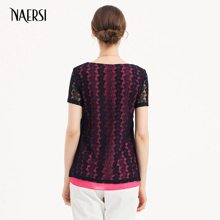 NAERSI娜尔思2015夏装新款时尚潮流短袖蕾丝圆领假两件T恤