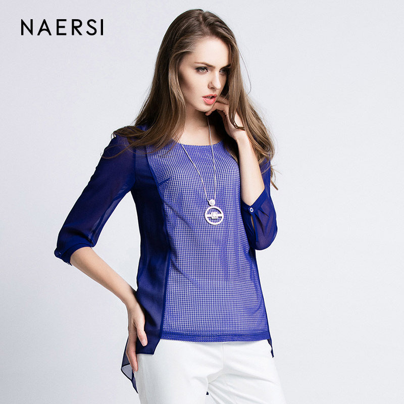 naersi娜尔思女装春夏装圆领清爽蓝假两件九分袖雪纺衫