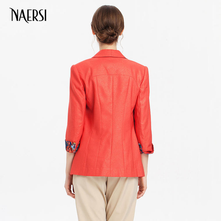 NAERSI娜尔思女装2015新款橘红色一粒扣修身小西装外套女