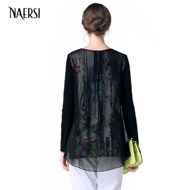 NAERSI/娜尔思2015时尚休闲印花秋装新款长袖圆领假两件雪纺衫