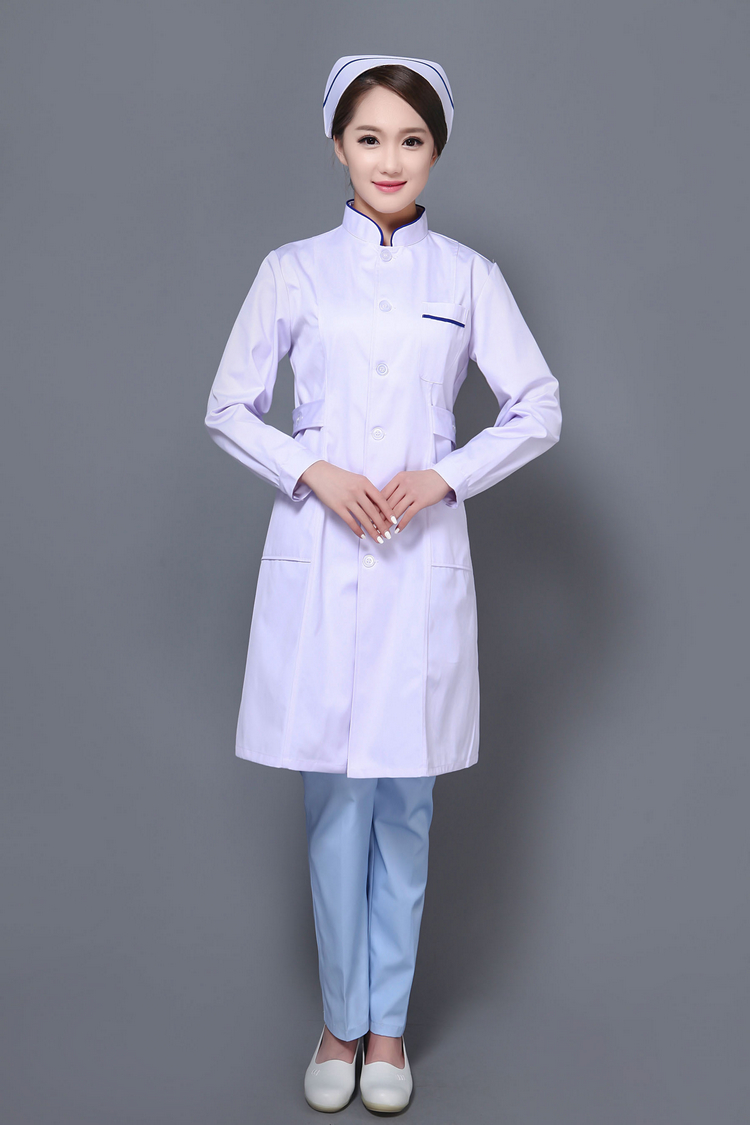 南丁格尔护士服冬装长袖修身时尚白大褂立领加蓝边药房导医工作服