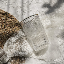 Retro style embossed gold rim glass glass cup juice milk drink cup ins Wind pen holder cosmetic brush bucket