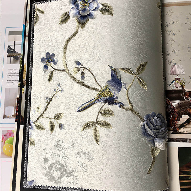 高档无缝刺绣墙布中式花鸟绣花壁布 客厅卧室背景墙壁布高端别墅_7折