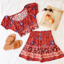 Summer adolescent girl retro national wind printed blouse half body dress Two sets of beach seaside holiday suit