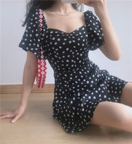 Fa-style retro body style collection waist short dress Slim Temperament V Collar Crushed Flowers Short Sleeve Black Tandem Dress