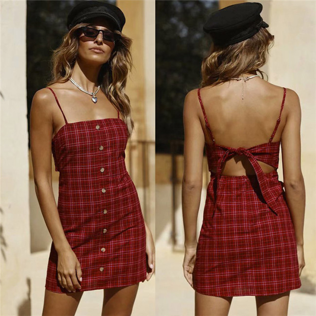 Retro Teenage Girl Chic Wind Back Strap High Waist Display Thin Plaid Harness Foreign Dress Holiday