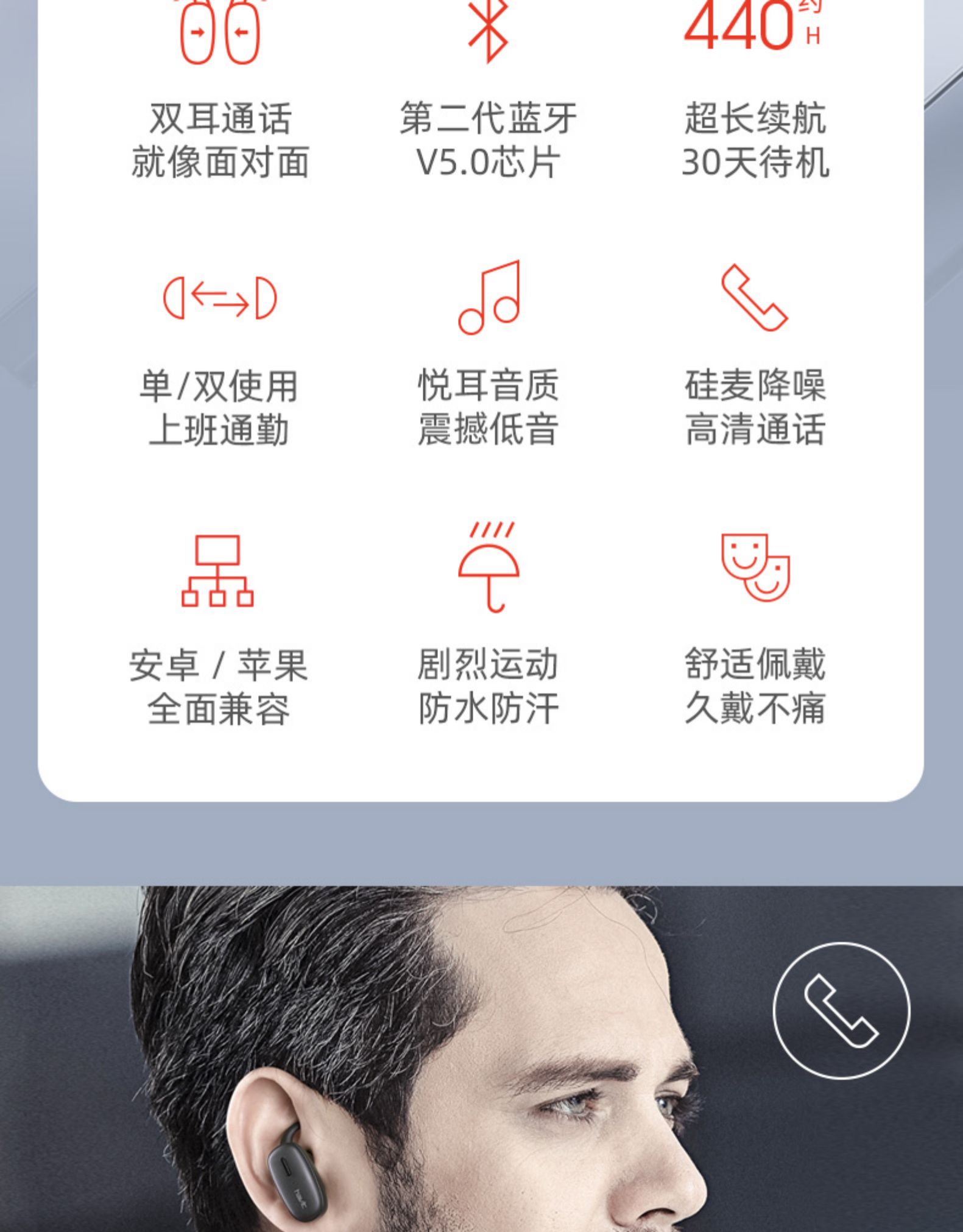 米440H双耳通话第二代蓝牙超长续航就像面对面V5.0芯片30天待机<>D单/双使用悦耳音质硅麦降噪上班通勤震撼低音高清通话//安卓/苹果剧烈运动舒适佩戴全面兼容防水防汗久戴不痛-推好价 | 品质生活 精选好价