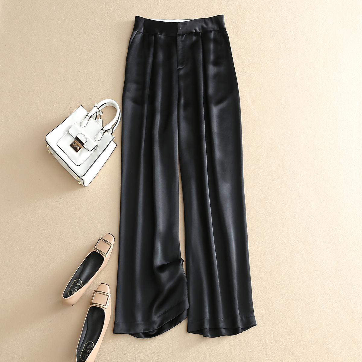 True silk pants black display slim 100 lap covety acetate satin straight drum wide pants woman 2020 new long pants