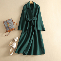 International big name cashmere coat women high-end double-sided wool loose belt long dark green woolen coat women