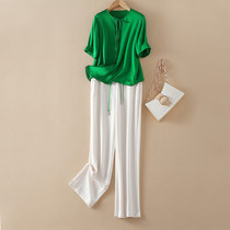 True Silk Fashion Suit Woman 2022 Summer new design Feel Small Crowd not to blouse Casual Broadlegged Pants Two Pieces