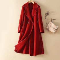 Red woolen coat women 2021 autumn and winter New High Sense International big name long double-sided cashmere coat