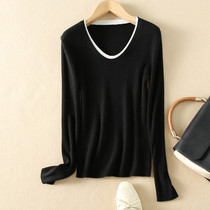 Thin to Bony American French style temperament stack wind V neck round neck color matching wool sweater