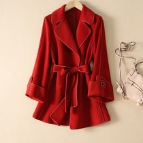 Cherries red coat women high-end double-sided cashmere long 2021 autumn and winter new red woolen coat