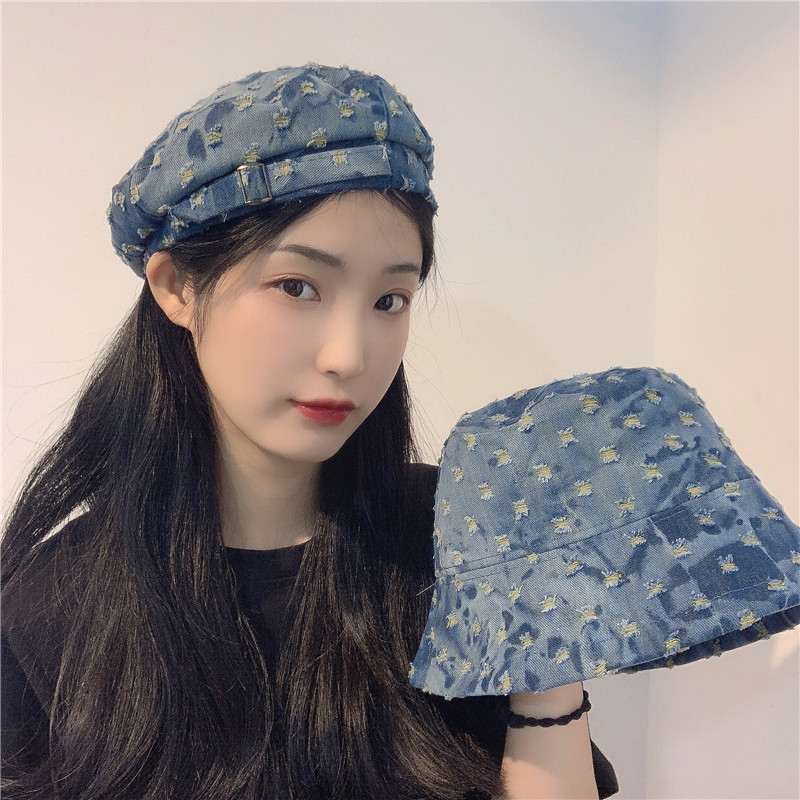 牛仔铁扣贝雷帽女破洞做旧复古英伦八角帽夏季休闲气质情侣渔夫帽