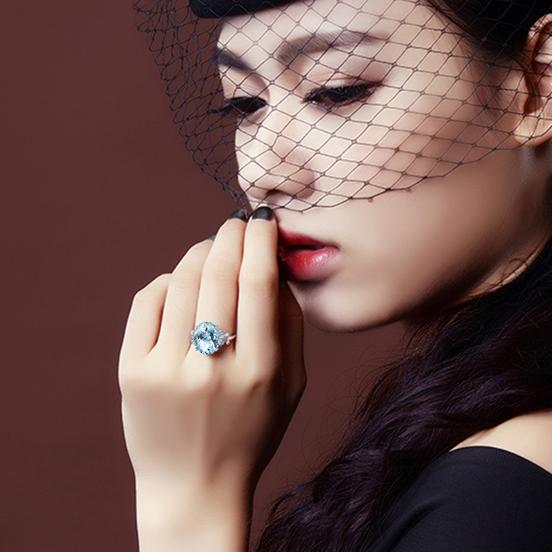 米菜珠宝 天然海蓝宝戒指女 18k金镶嵌钻石戒指 钻戒 宝石加工