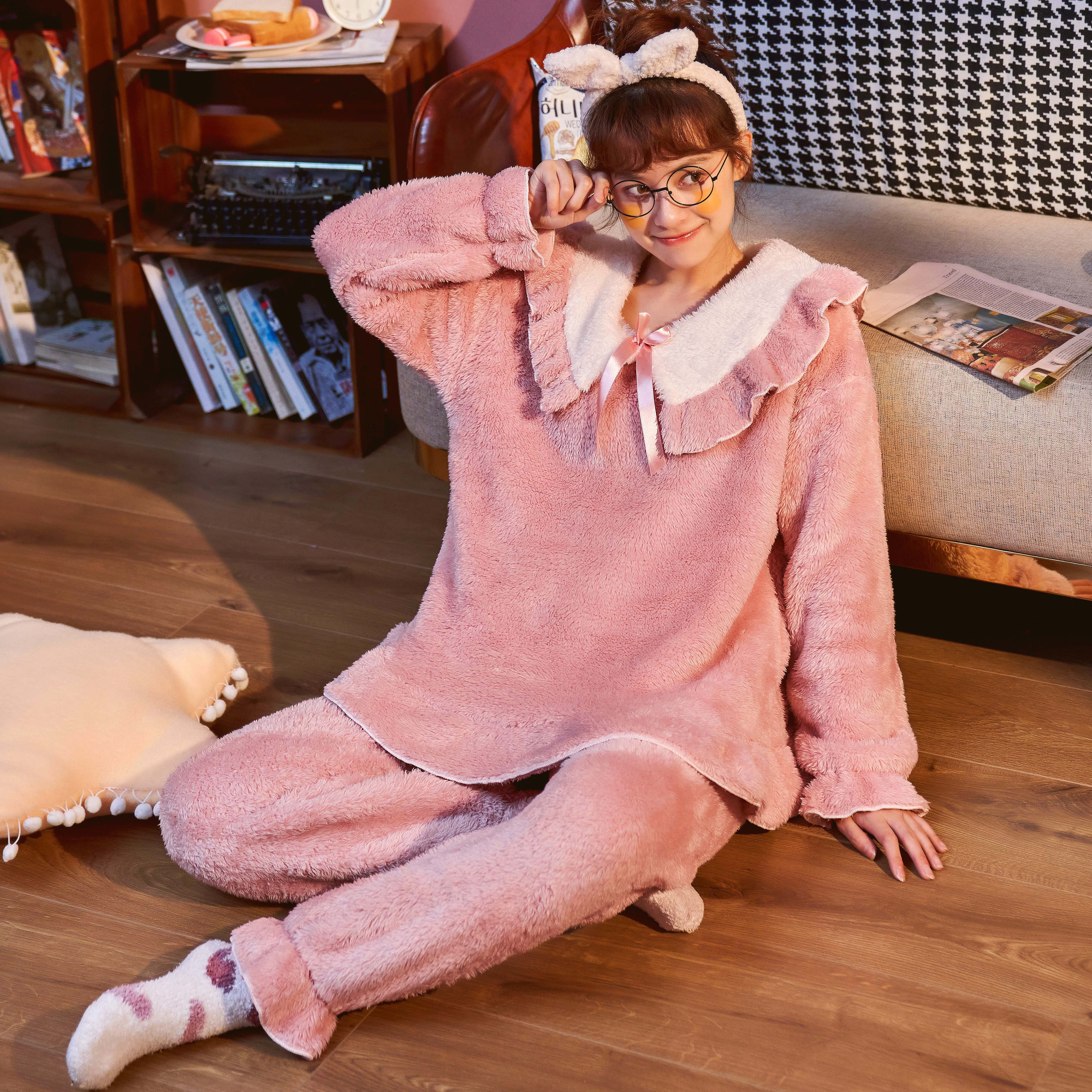 和鑫 冬季睡衣女士单女长毛绒280加厚加大家居服套装 m-xxl