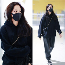 Ouyang Nana with 2021 autumn hooded black loose casual Korean version of men and women couples sweater coat