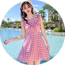 2024 New Swimsuit Womens One-piece Boxer Conservative Belly Covering Hot Spring Girl Student Large Size Fresh College Swimsuit