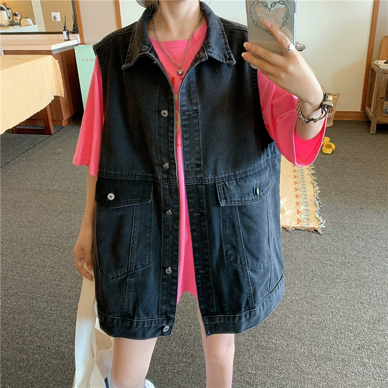 200 pound em gái béo cộng với kích thước phụ nữ mùa thu in Harajuku bf in denim vest nữ sinh áo khoác ghi lê áo khoác thủy triều - Áo vest