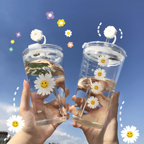 Korean version of ins household cup Forest department small fresh cute water cup Student glass cup with lid Straw cup girl heart