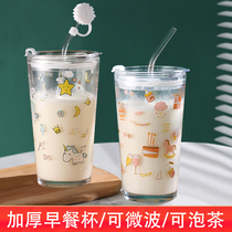 Creative Korean version of the cute glass children and students forest milk tea ins scale breakfast cup milk straw water cup