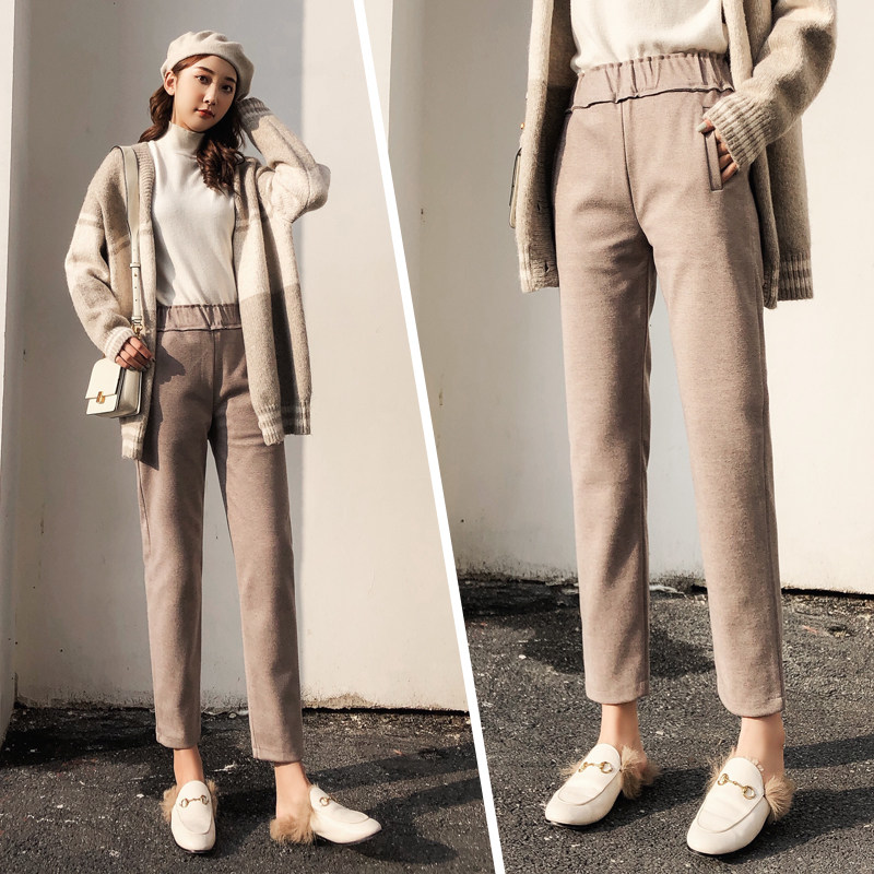 实拍5422大码秋冬毛呢哈伦裤女小脚九分裤休闲加绒阔腿宽松萝卜裤-依